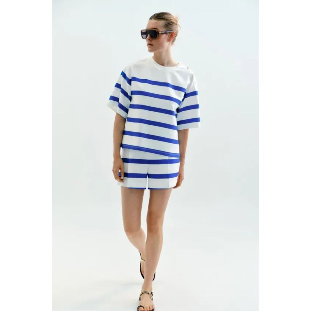 Blue and White Striped Zara Gold Decorative Buttons Pleated Nautical Shorts, NWT - Picture 3 of 8